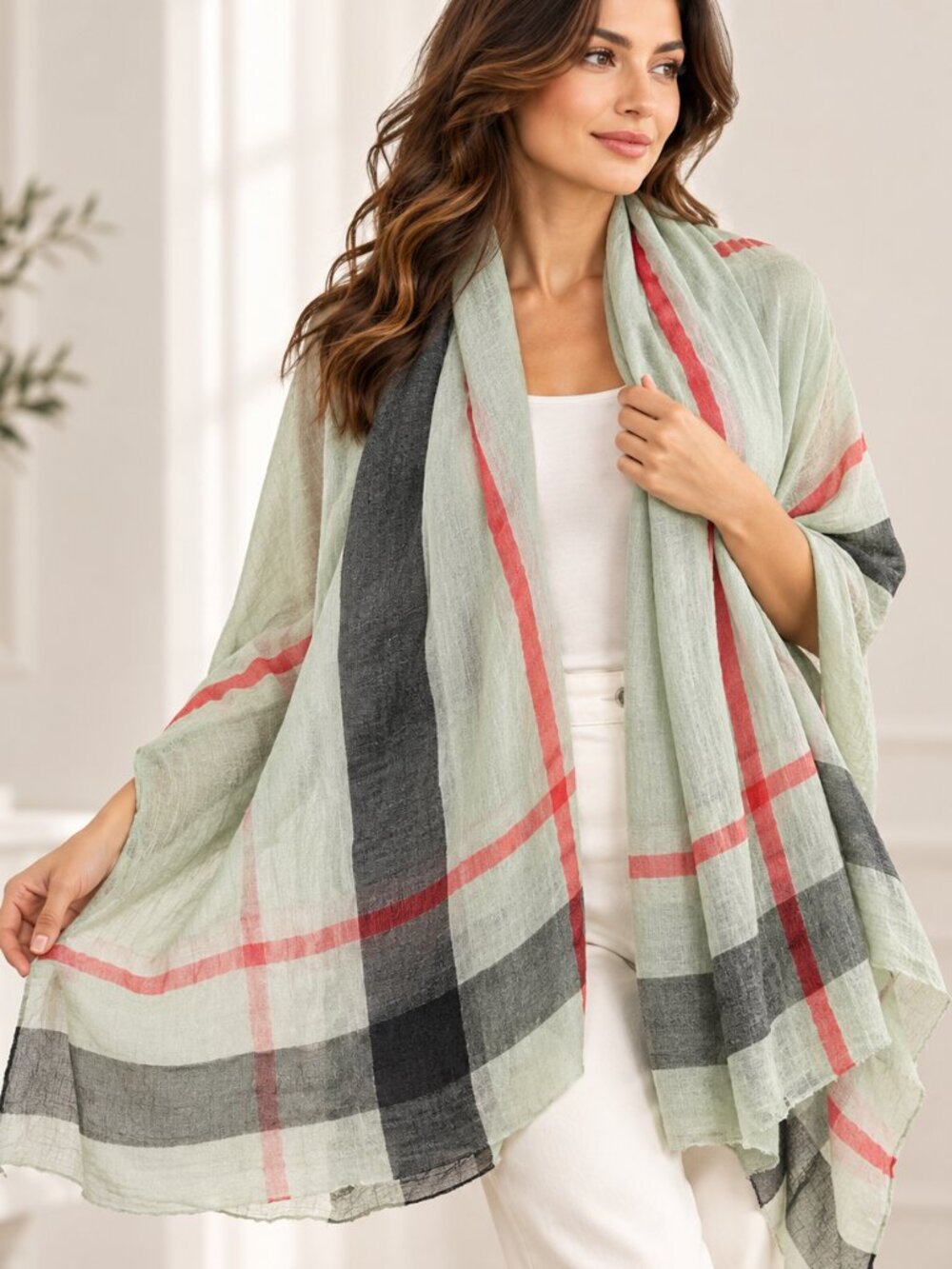 Women's Sage Green Oversized Plaid Scarf Wrap Shawl Lightweight Boho 37x78